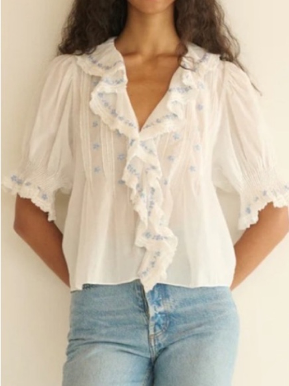 Doen Hettie Top Blouse Salt White Blue Floral Embroidered Cotton Medium